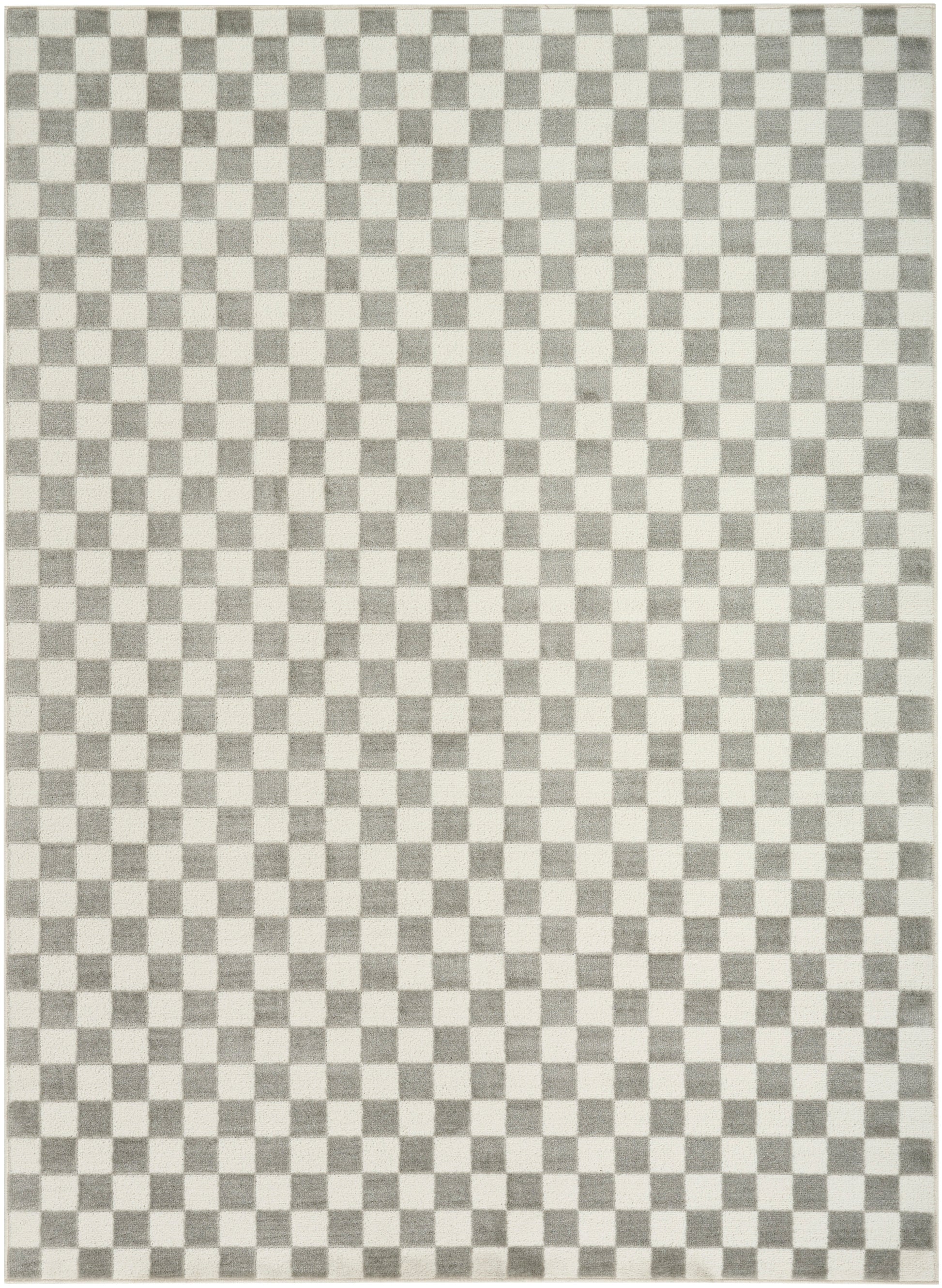 Rectangular gray & white checkerboard rug with small square pattern and woven texture, modern minimalist style.
