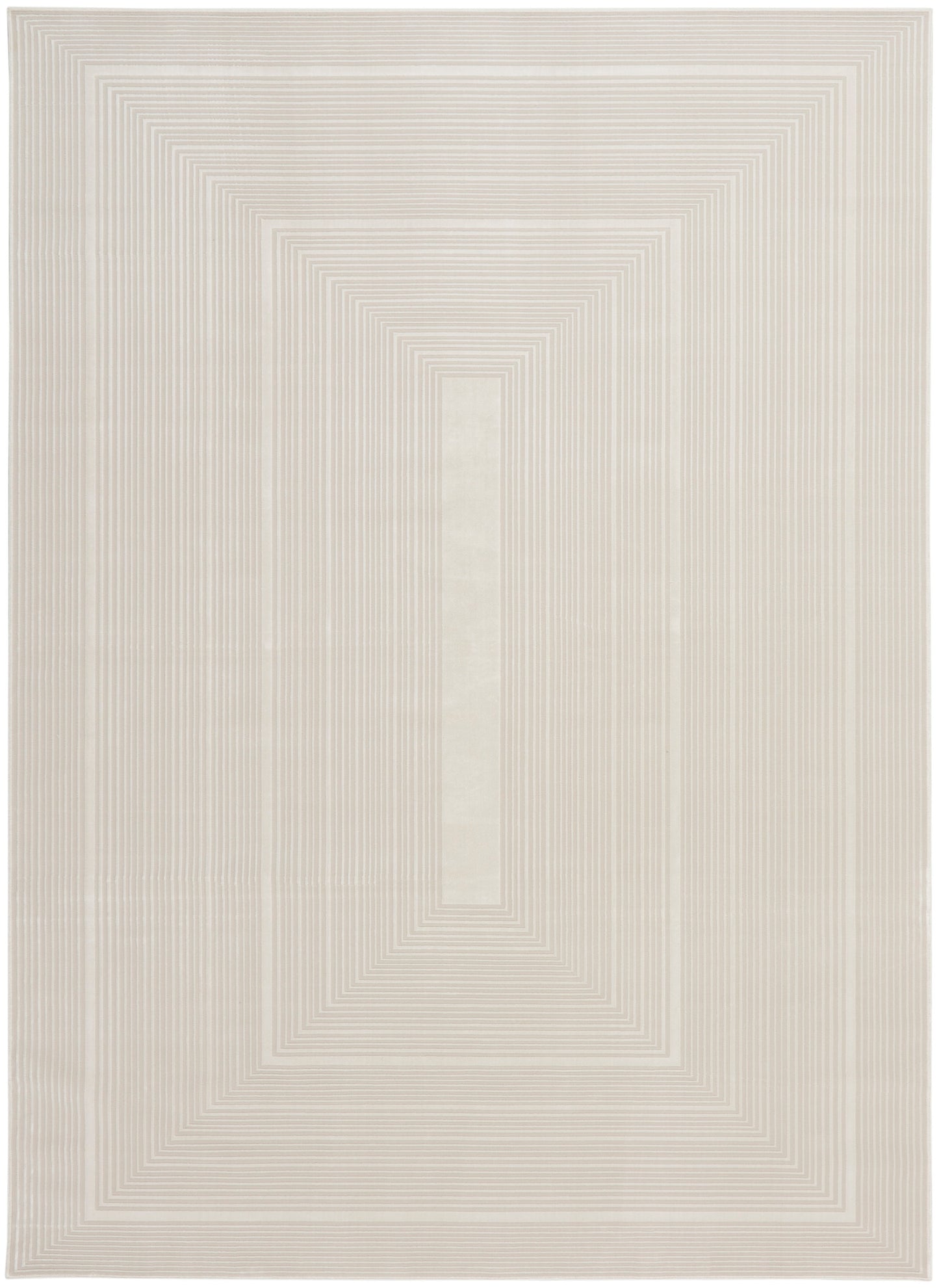 Soft beige area rug with cream concentric rectangles; neutral, modern geometric pattern and woven texture.