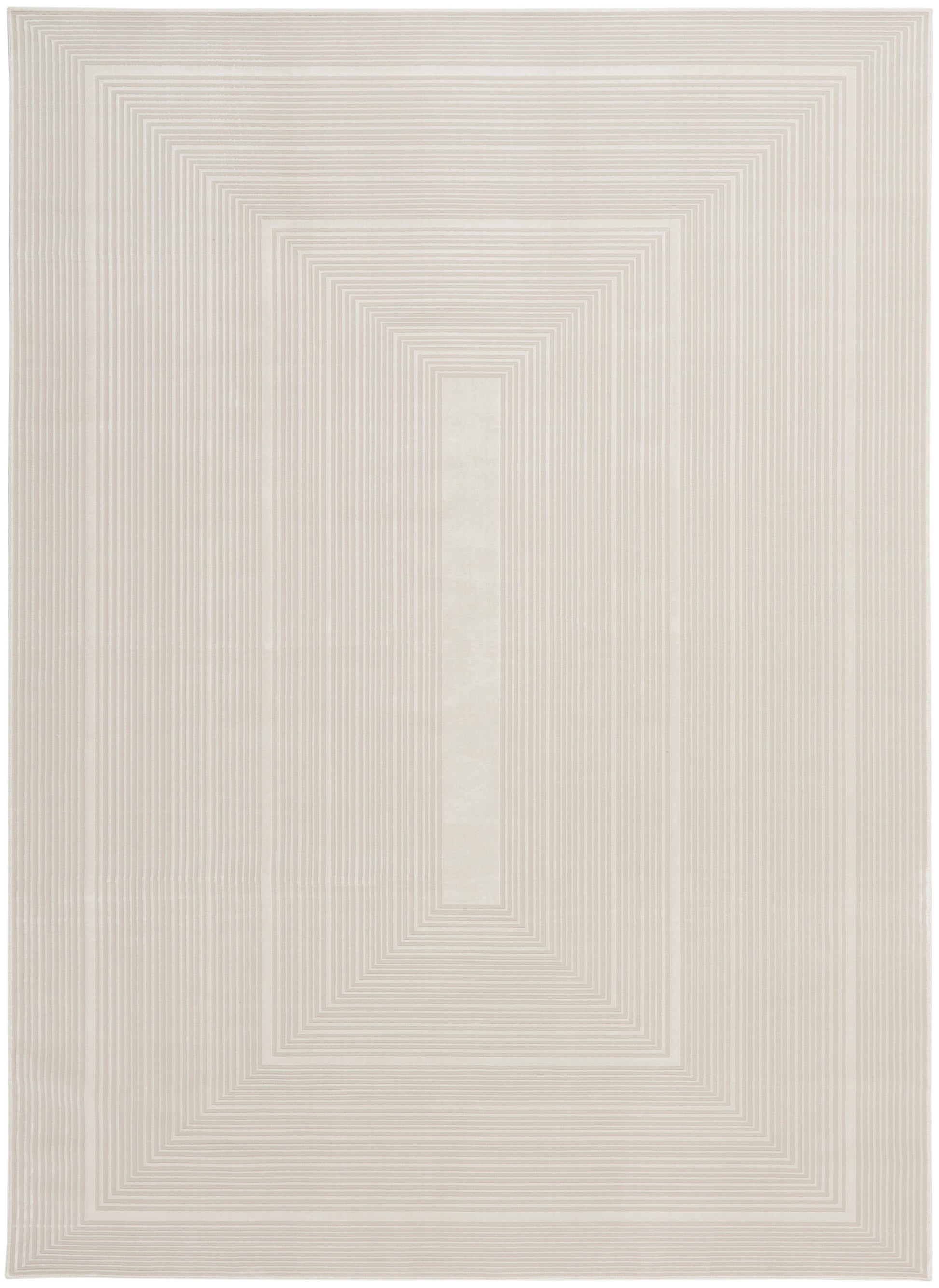 Soft beige area rug with cream concentric rectangles; neutral, modern geometric pattern and woven texture.