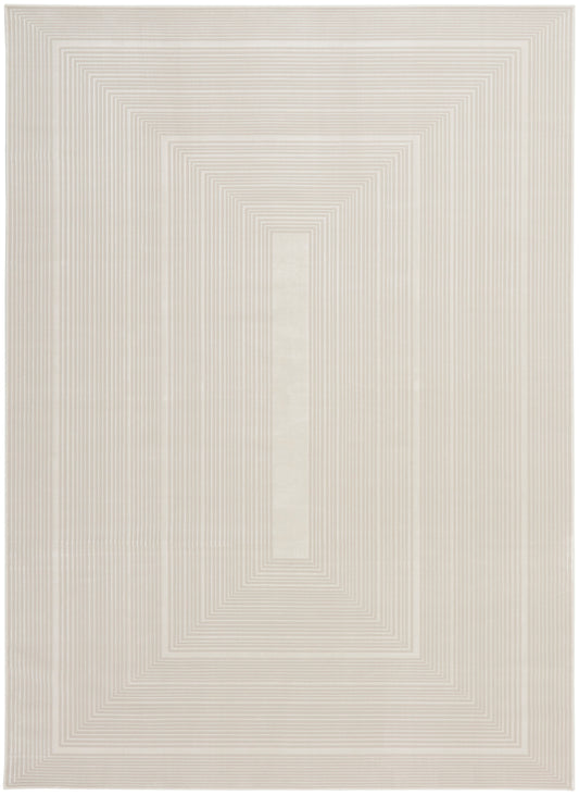 Soft beige area rug with cream concentric rectangles; neutral, modern geometric pattern and woven texture.