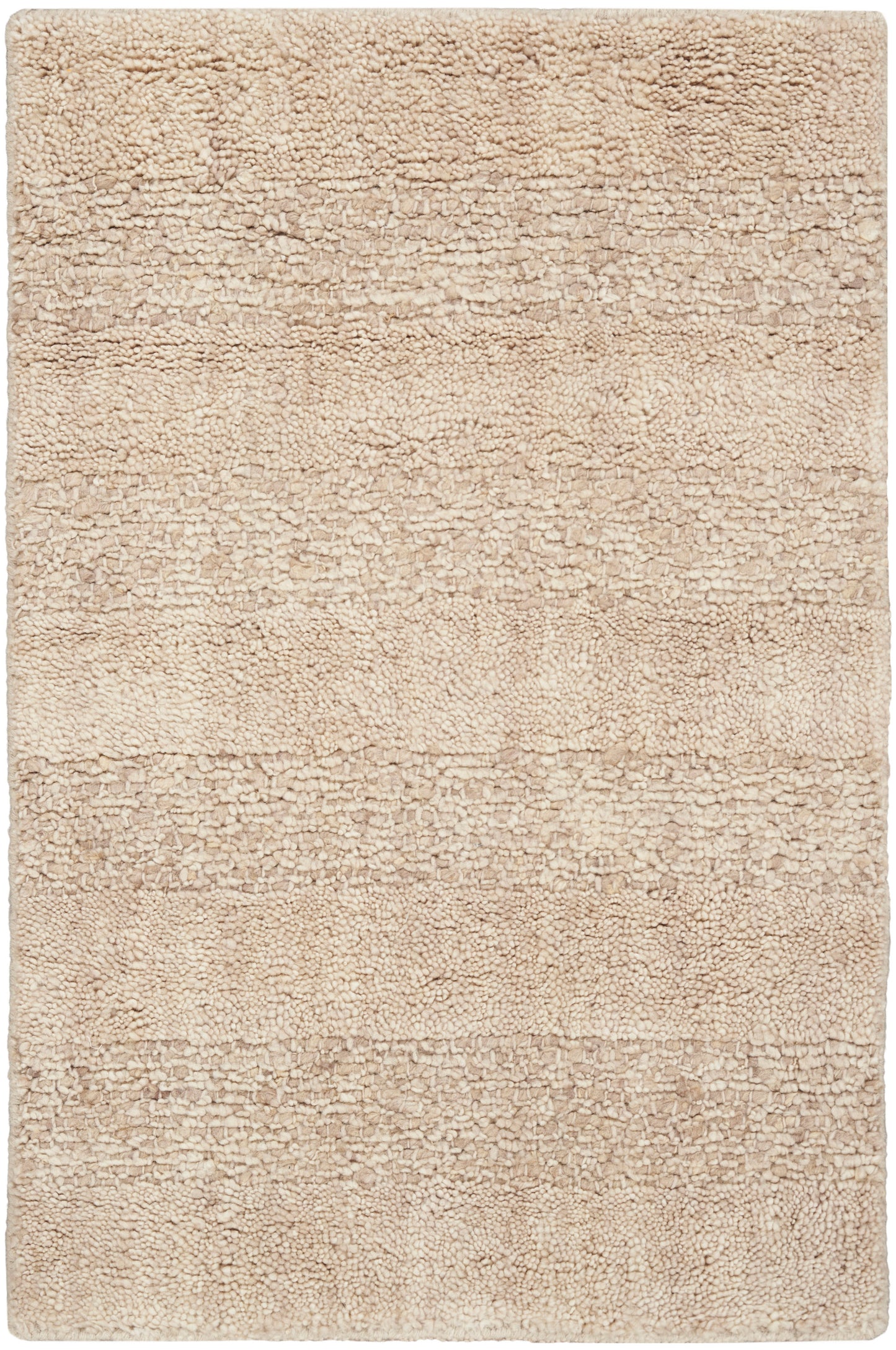 Beige plush shag rug with textured pile and subtle horizontal stripes.