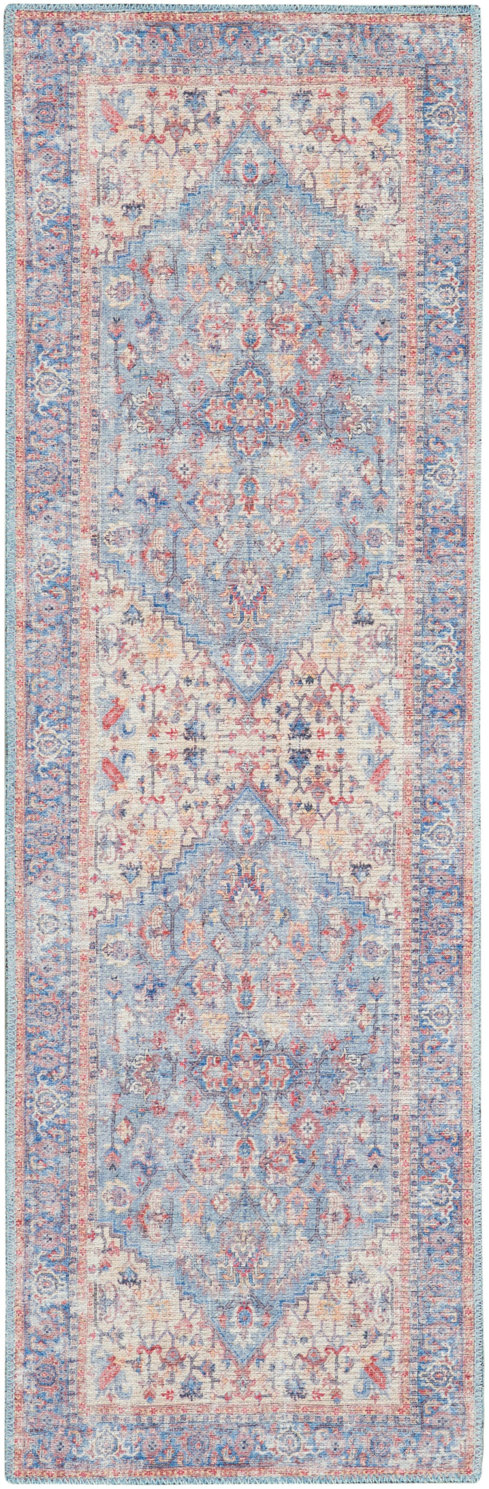 Blue and ivory distressed Persian-style runner rug with floral medallions and ornate borders.
