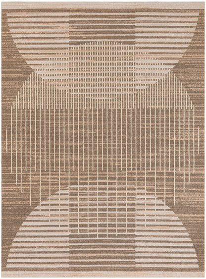 Beige-brown geometric rug with vertical stripes and layered oval patterns, woven texture.