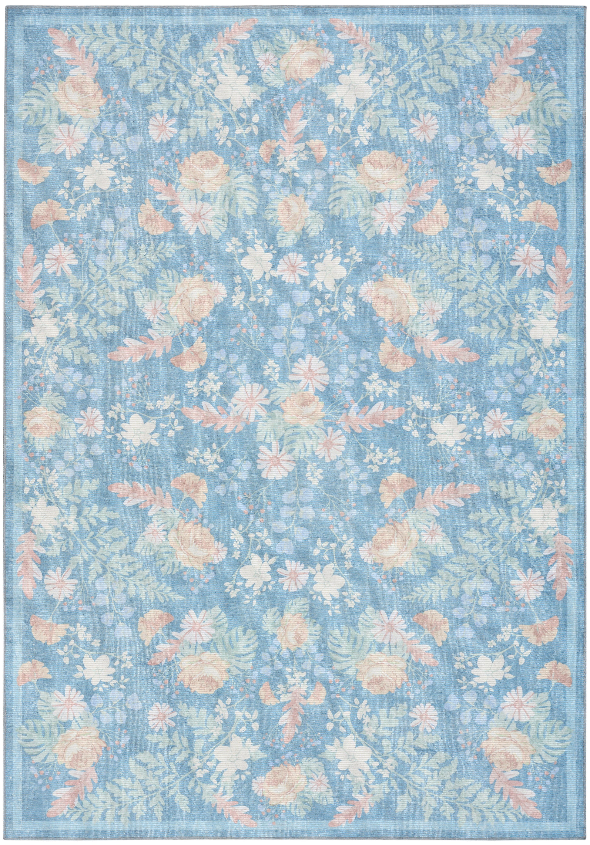 Blue floral area rug with peach and cream blossoms and leafy motifs, bordered edge.