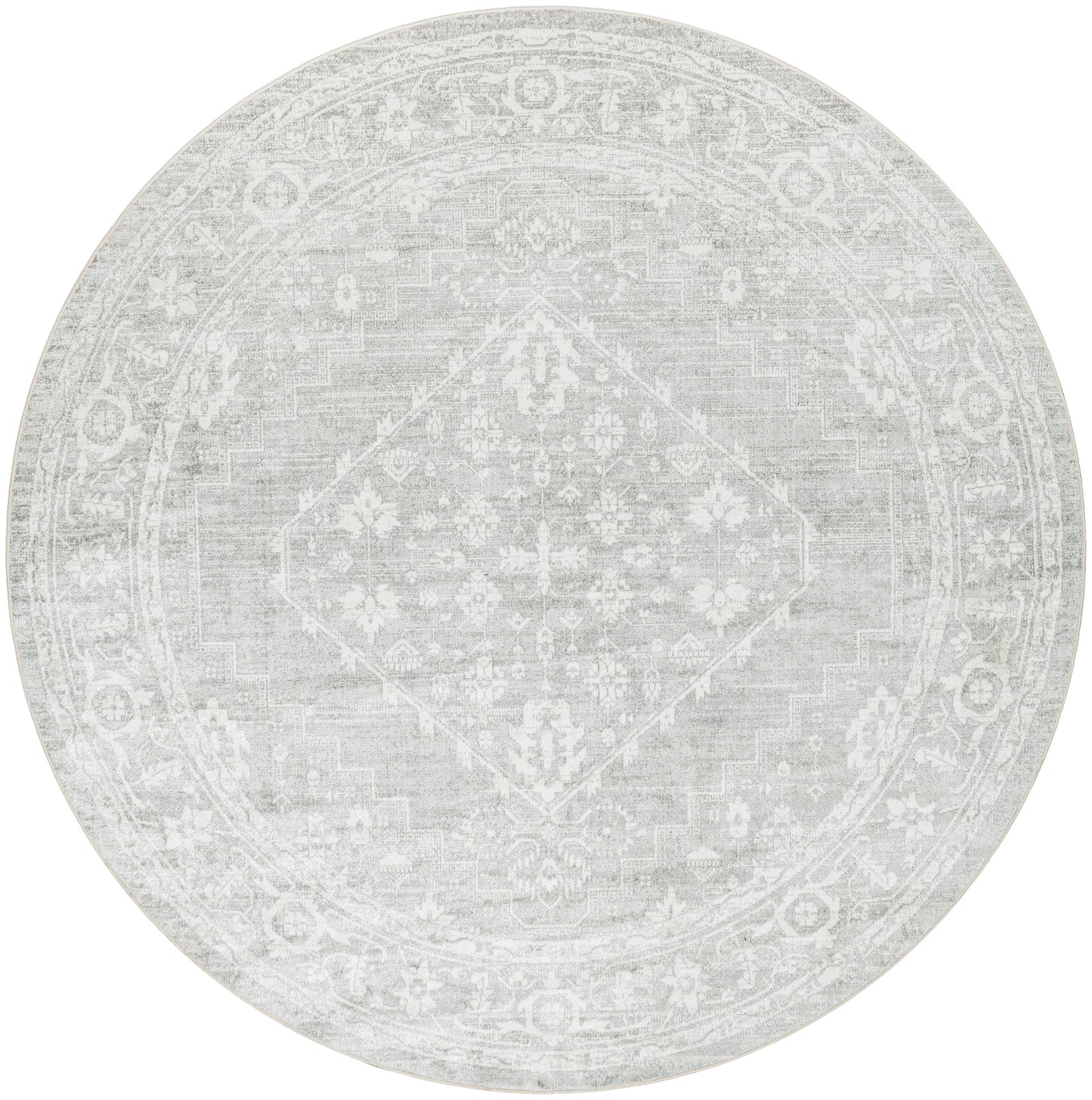 Round light gray rug with a faded vintage Persian medallion center, floral border, distressed texture.