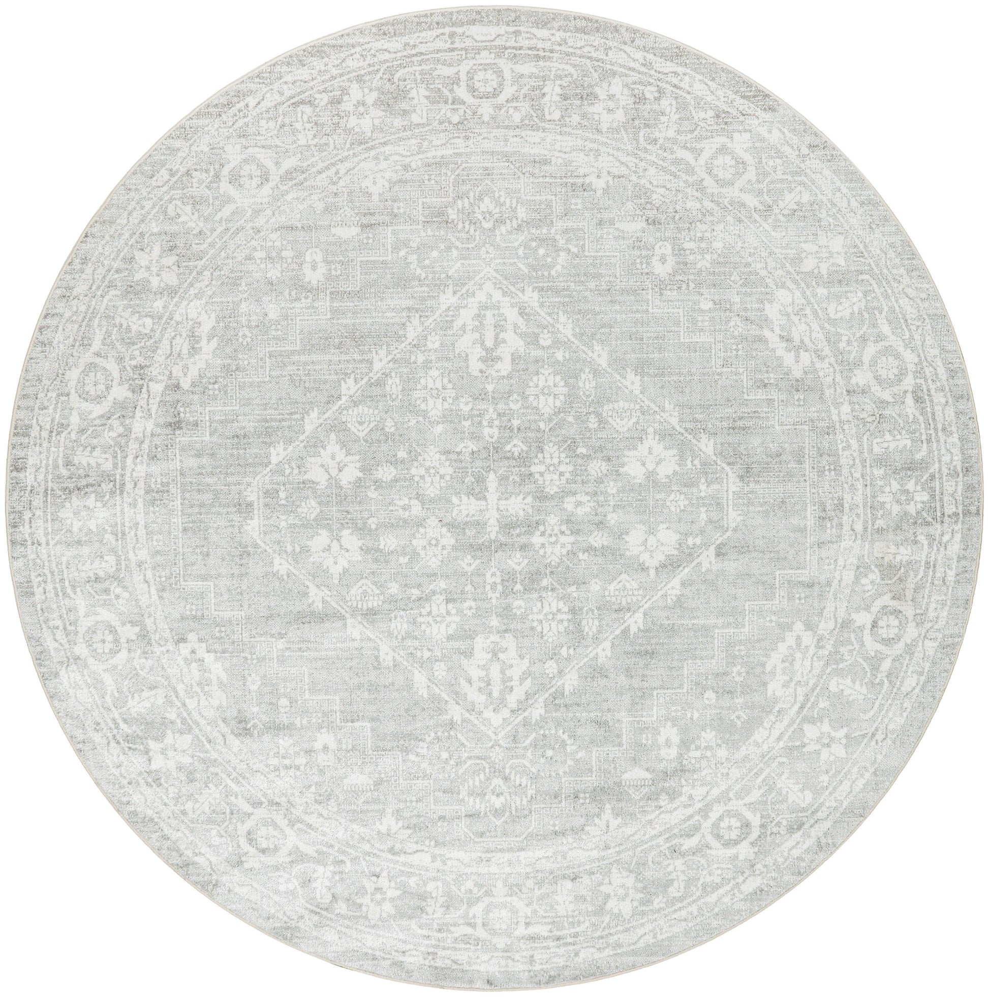 Round light gray rug with a faded vintage Persian medallion center, floral border, distressed texture.