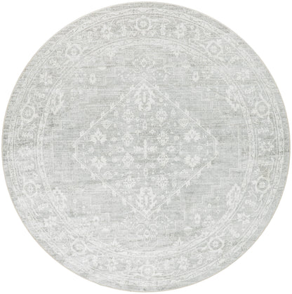 Round light gray rug with a faded vintage Persian medallion center, floral border, distressed texture.