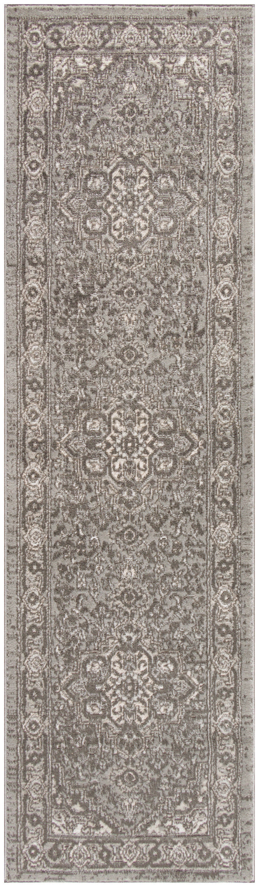 Muted beige-taupe oriental runner rug with an intricate floral medallion pattern and ornate border.
