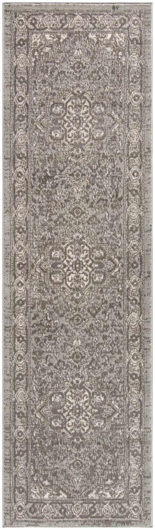Muted beige-taupe oriental runner rug with an intricate floral medallion pattern and ornate border.