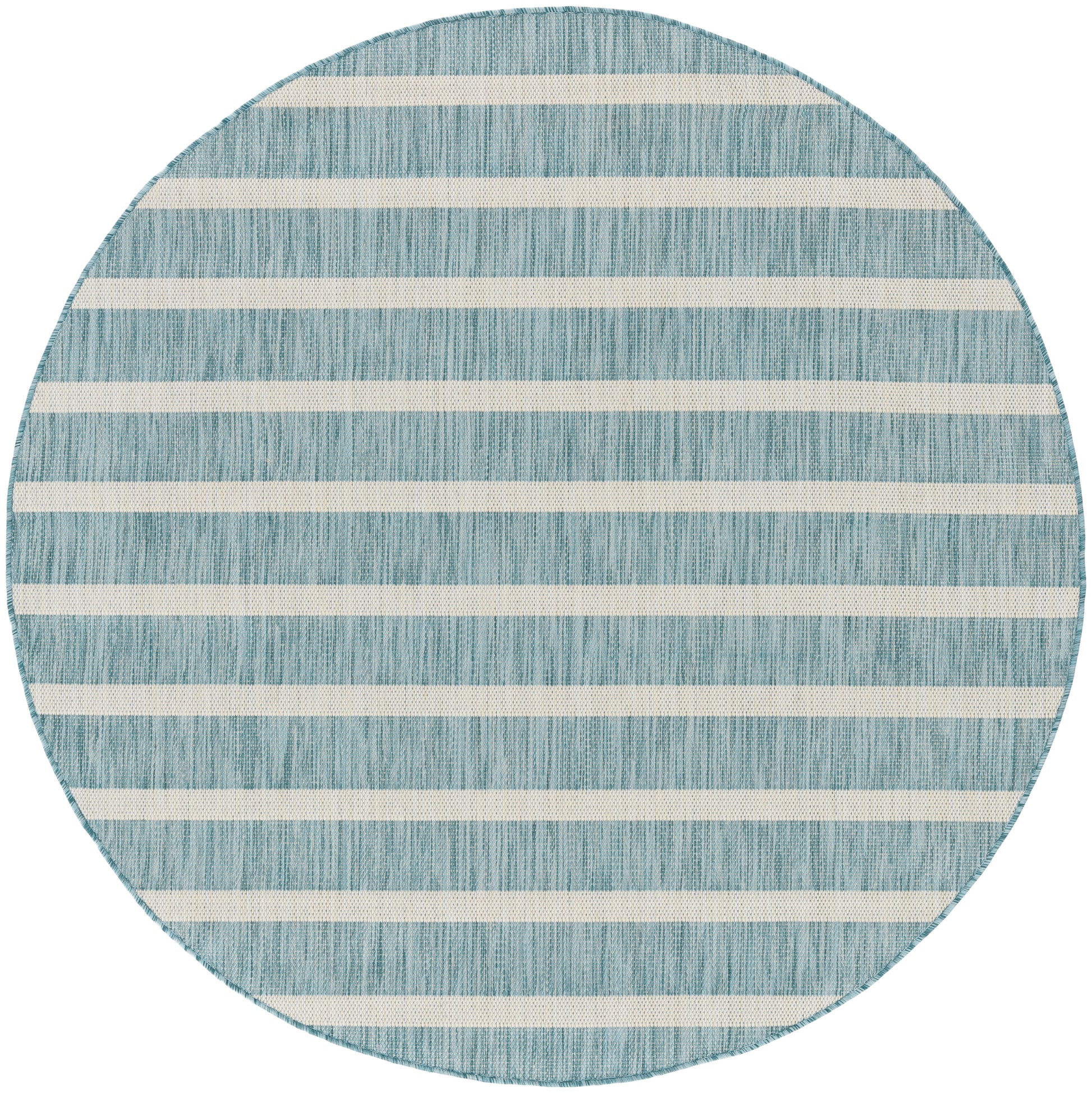 Round teal-blue rug with cream horizontal stripes; textured woven surface, coastal striped design.