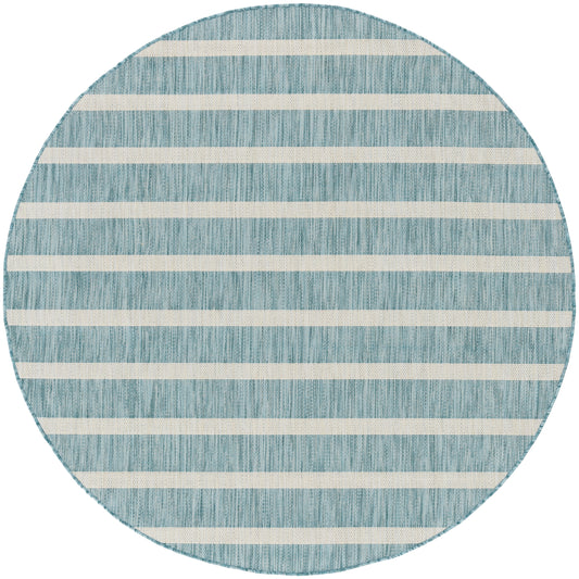 Round teal-blue rug with cream horizontal stripes; textured woven surface, coastal striped design.