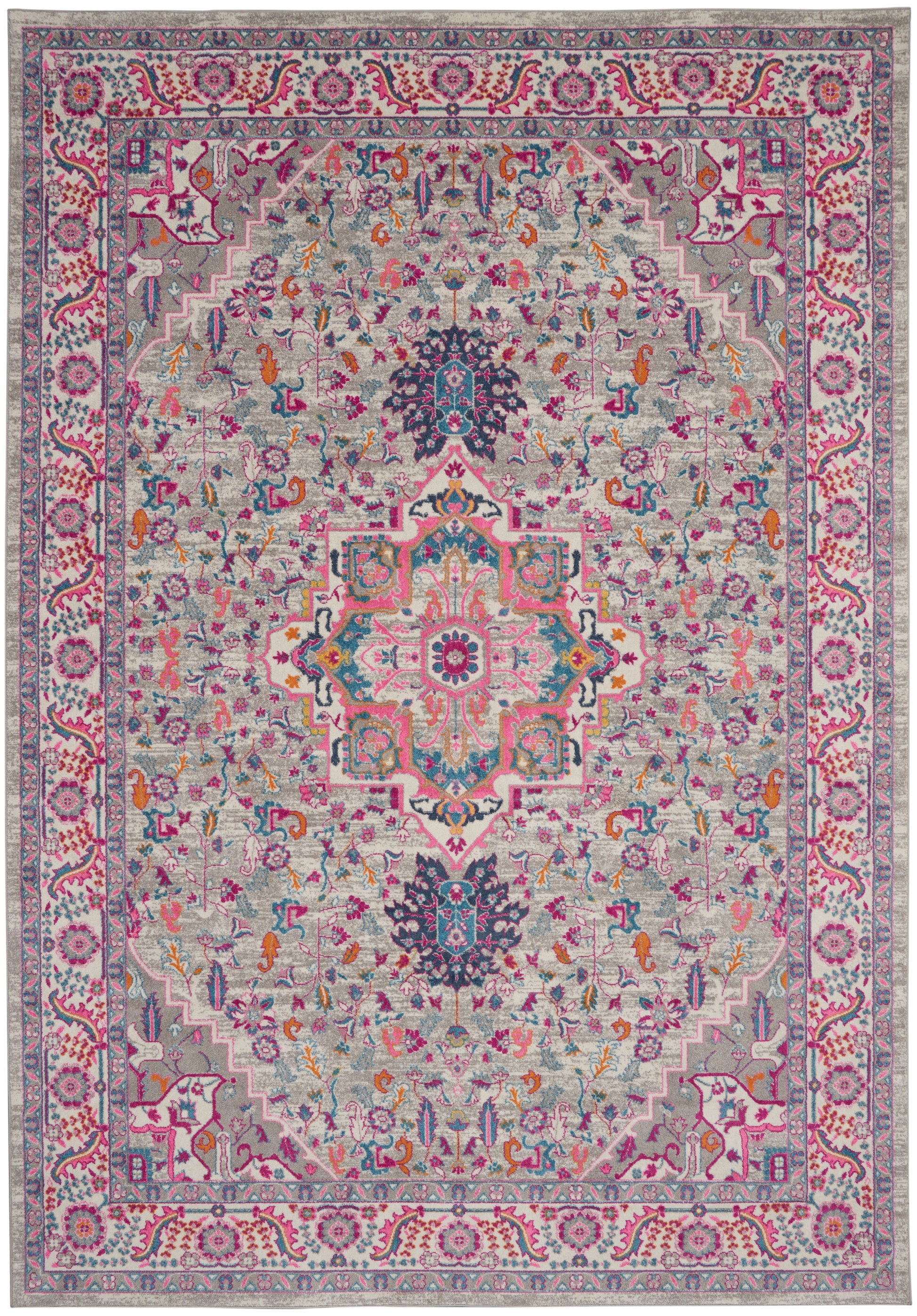 Colorful Persian-style rug with a central medallion on a light gray field, featuring pinks, teals, blues and intricate floral borders.