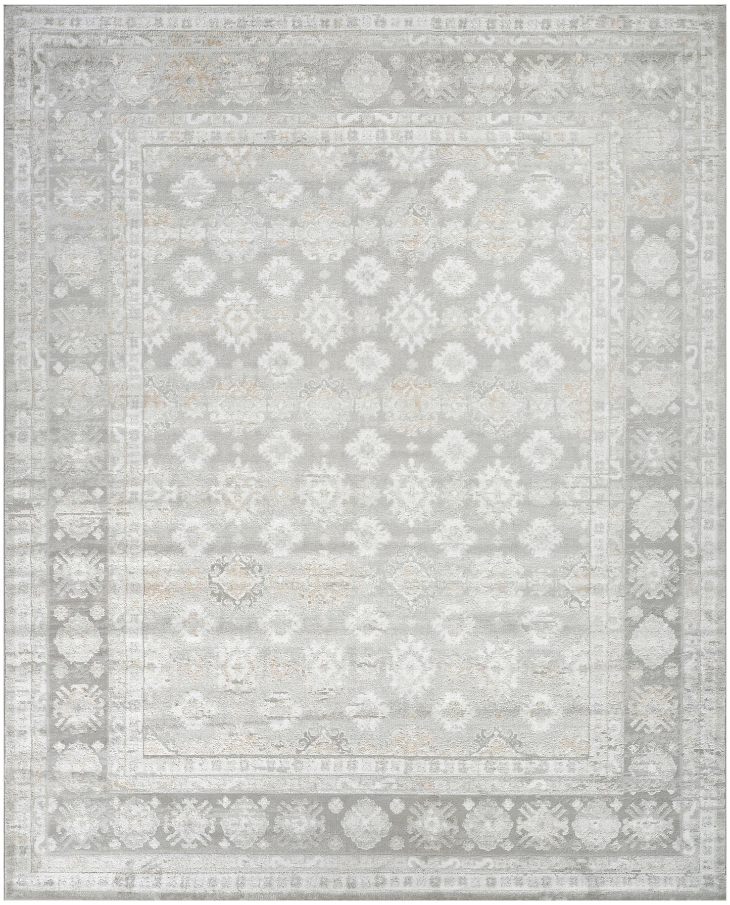 Light gray distressed area rug with ivory floral damask pattern and decorative border; rectangular oriental style.