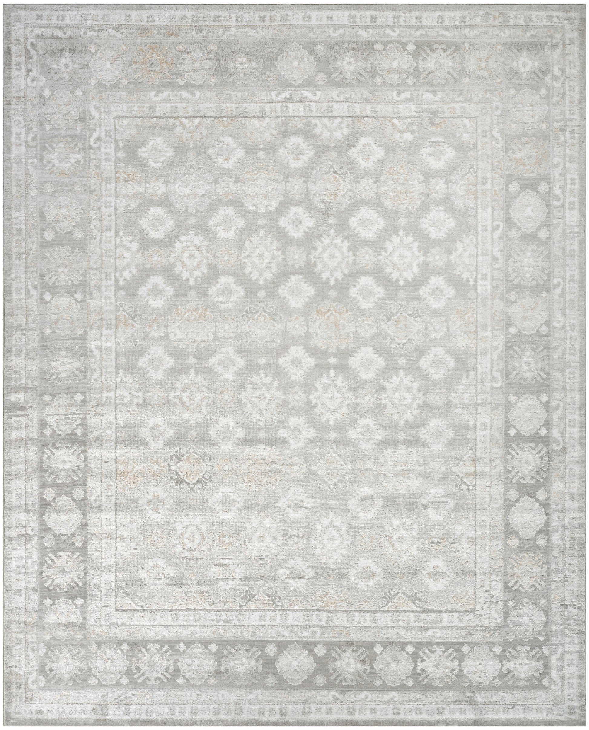 Light gray distressed area rug with ivory floral damask pattern and decorative border; rectangular oriental style.