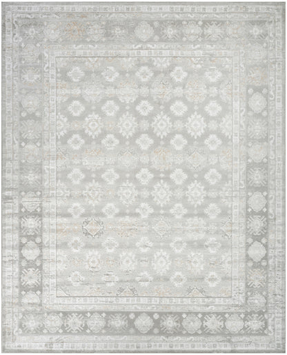Light gray distressed area rug with ivory floral damask pattern and decorative border; rectangular oriental style.