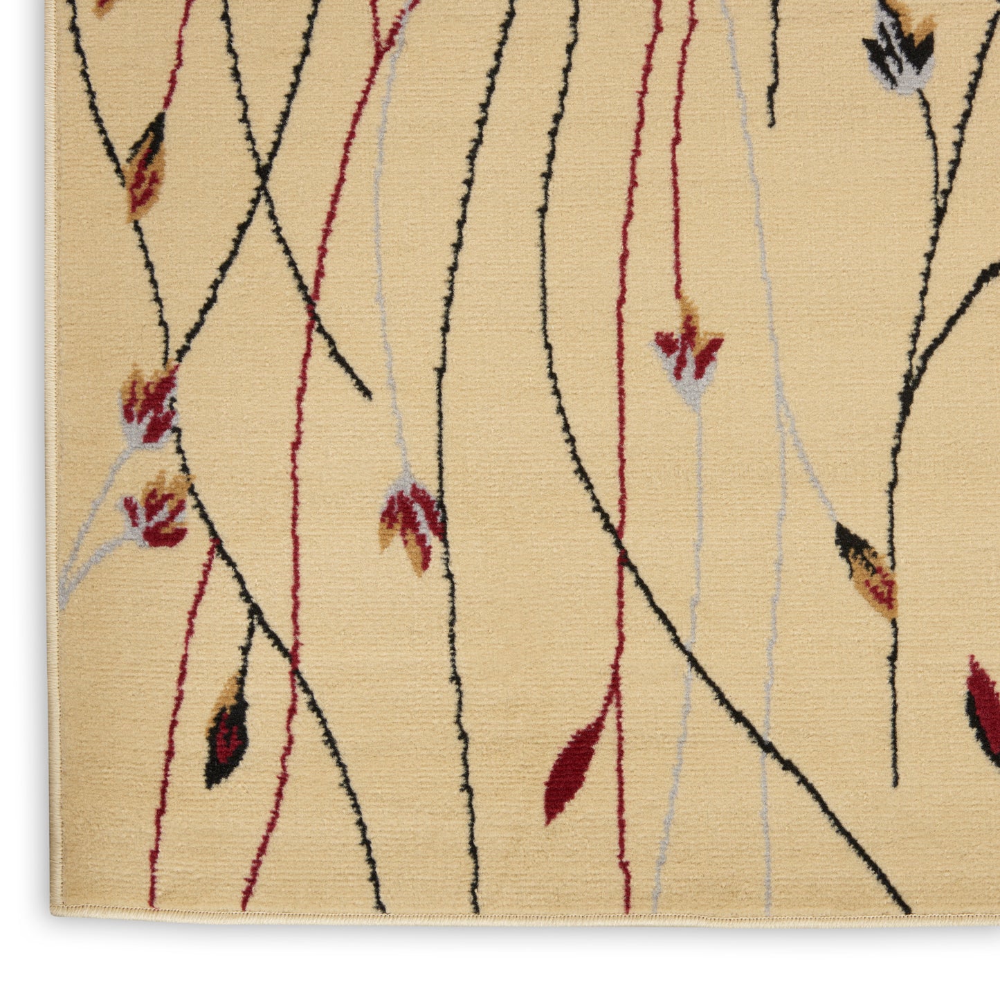 Beige textured area rug with abstract black, red and pale gray vines and leaf motifs; modern woven design.