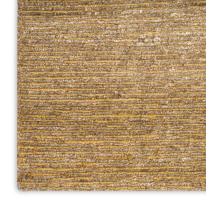 Rectangular woven rug with golden beige horizontal stripes and textured loop pile.
