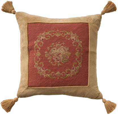 Beige square pillow with red jacquard center featuring gold ornate medallion and tassels at each corner.