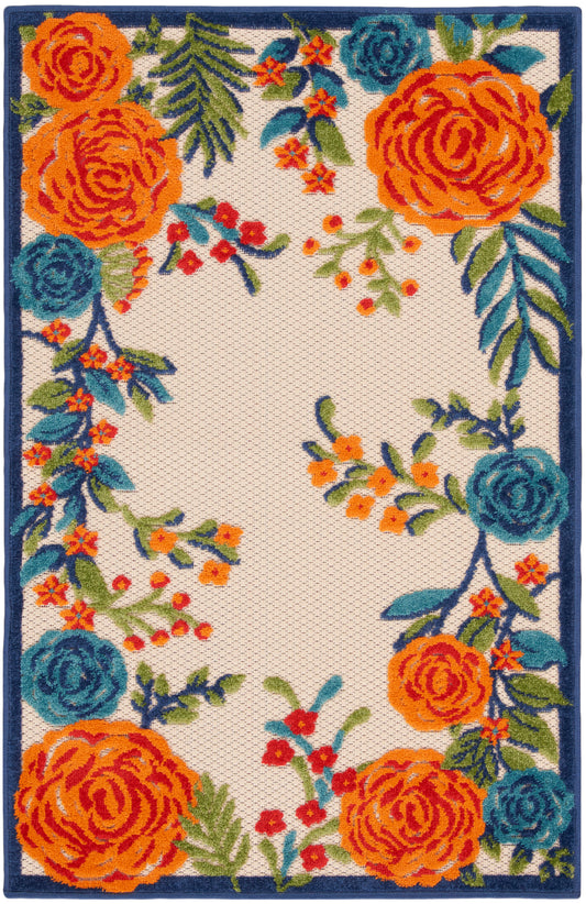Rectangular floral rug with vivid orange and teal roses, green leaves on beige backdrop, navy border.