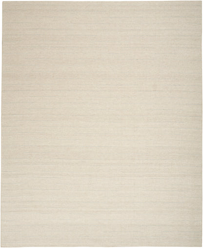 Beige rectangular rug with a subtle linen-like weave and faint horizontal lines.