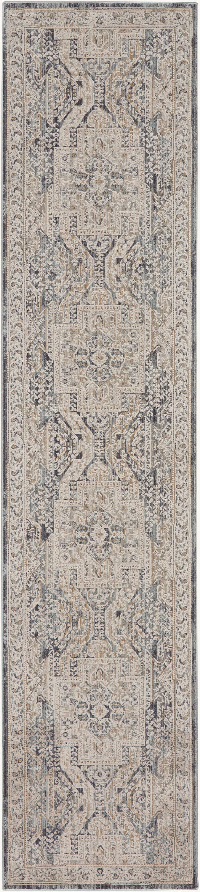 Persian-style runner rug with intricate medallions in beige, ivory and blue-gray; decorative hallway floor covering.