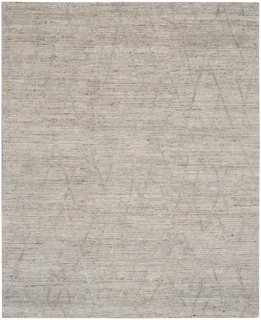 Rectangular light beige rug with subtle gray circular loop pattern; soft woven texture, contemporary style.
