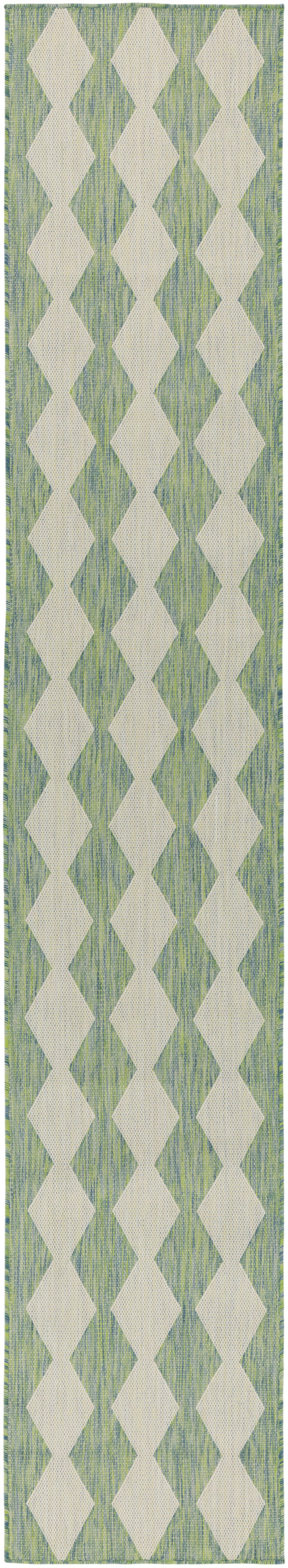 Long green woven hallway rug runner with cream diamond pattern and blue undertones.