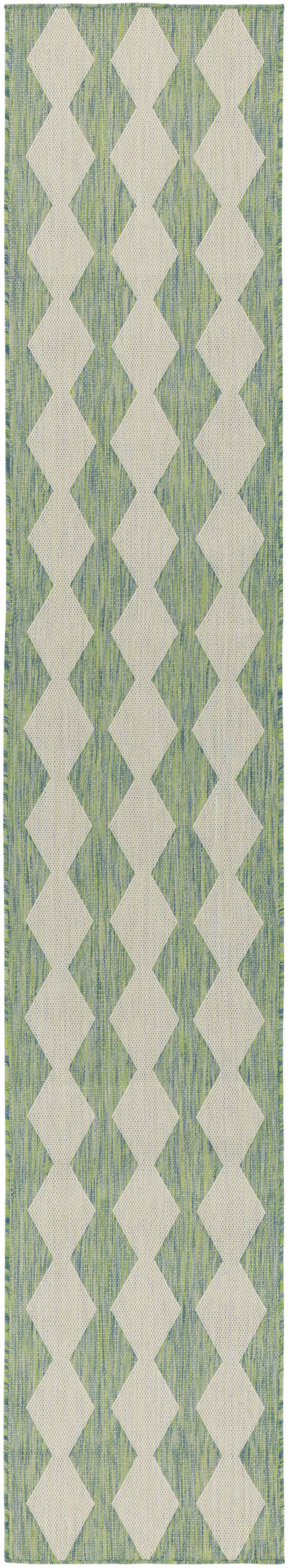 Long green woven hallway rug runner with cream diamond pattern and blue undertones.