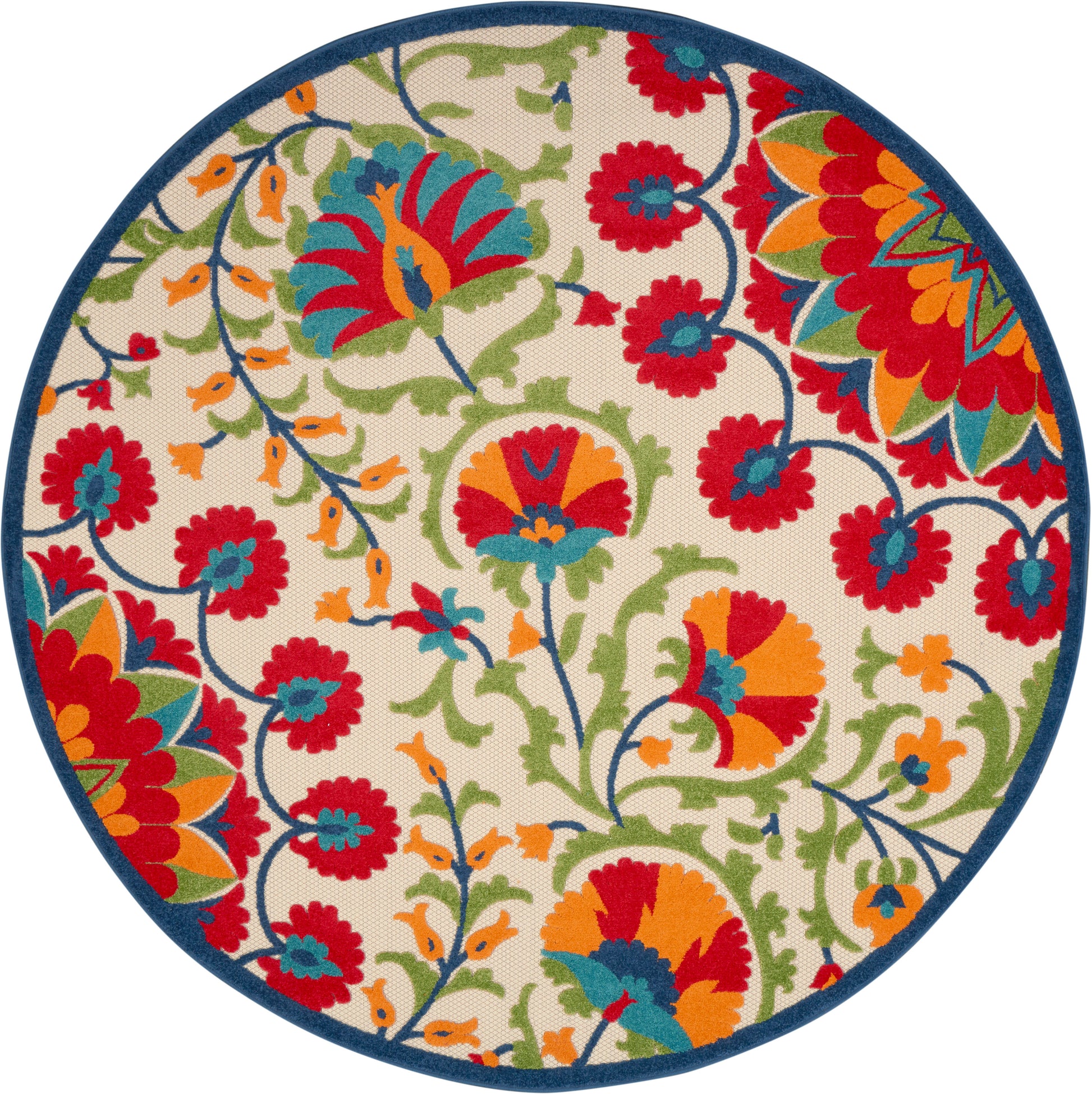 Round textile rug with vivid multicolor floral pattern in red, orange, teal, lime green on beige with blue border.