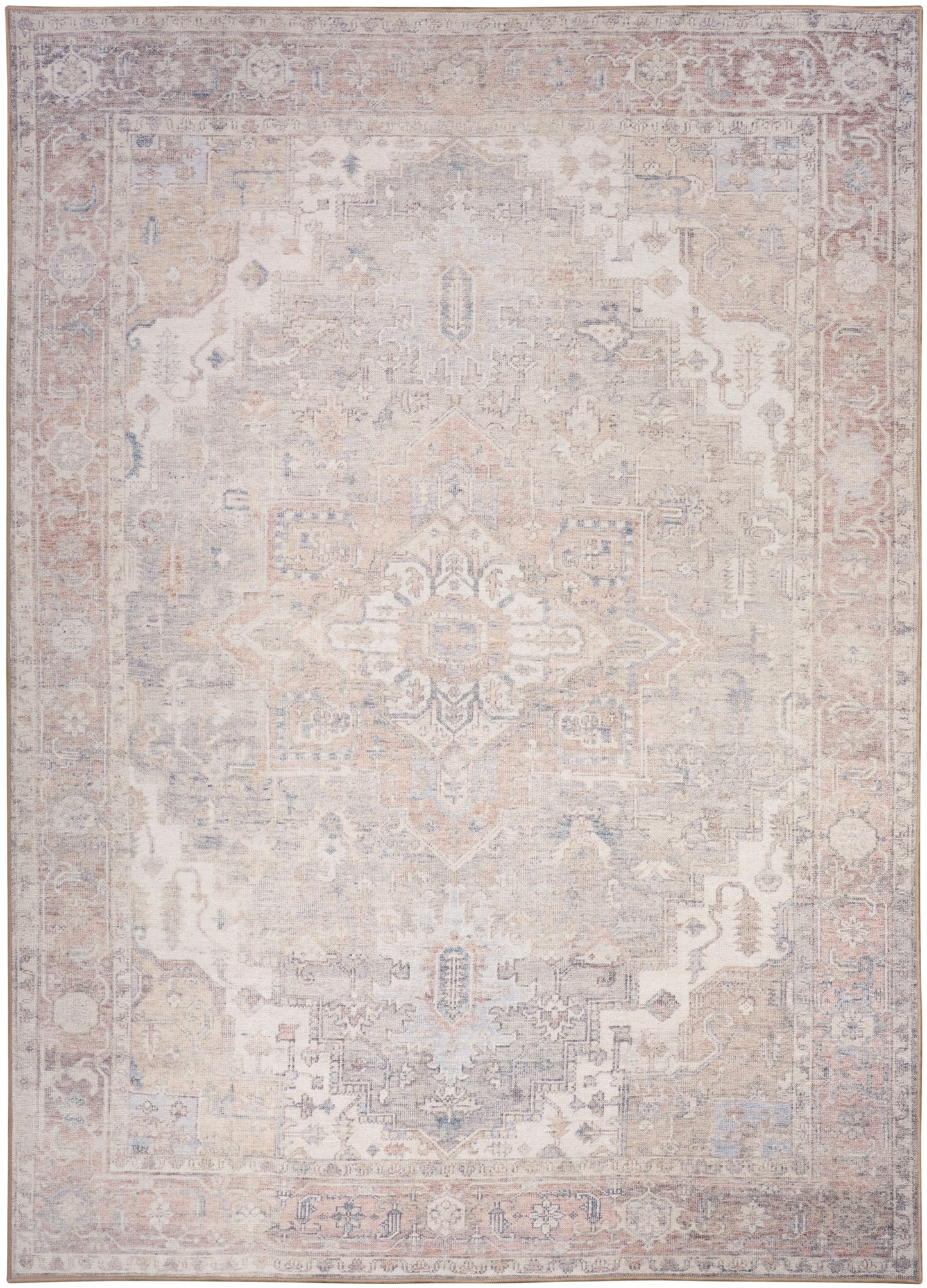Soft beige, ivory and pale gray distressed oriental rug with a faint central medallion and floral border.