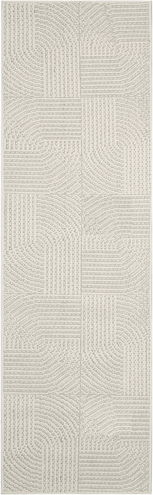 Cream off-white runner rug with geometric patchwork of raised linear loops and dotted texture.