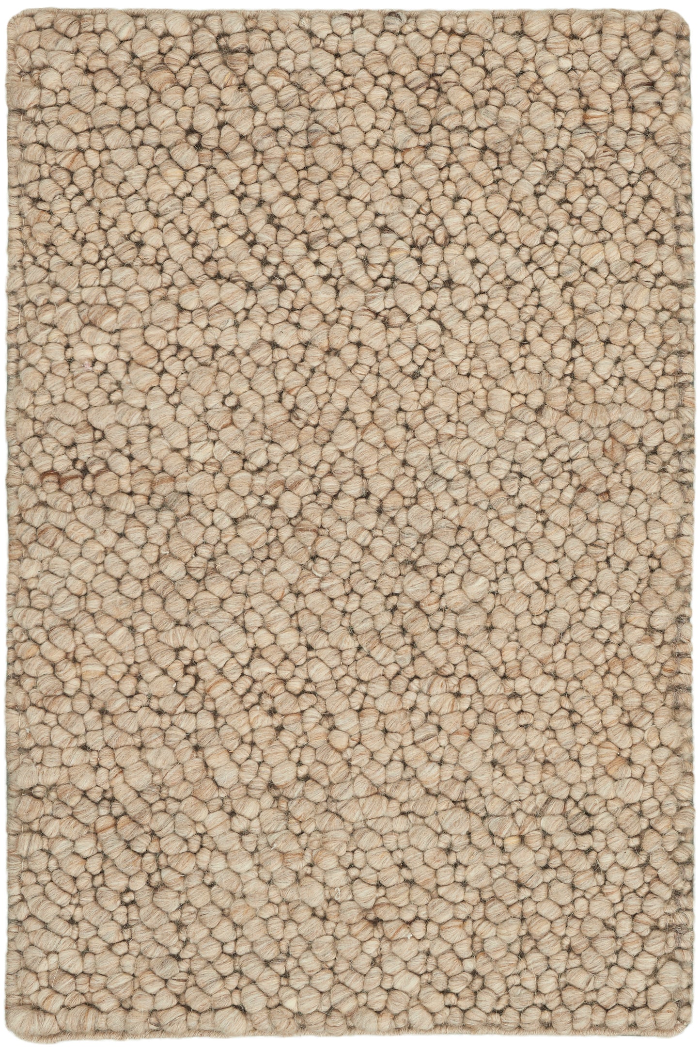 Beige boucle shag rug with dense rounded loops; soft, plush rectangular rug for living rooms.