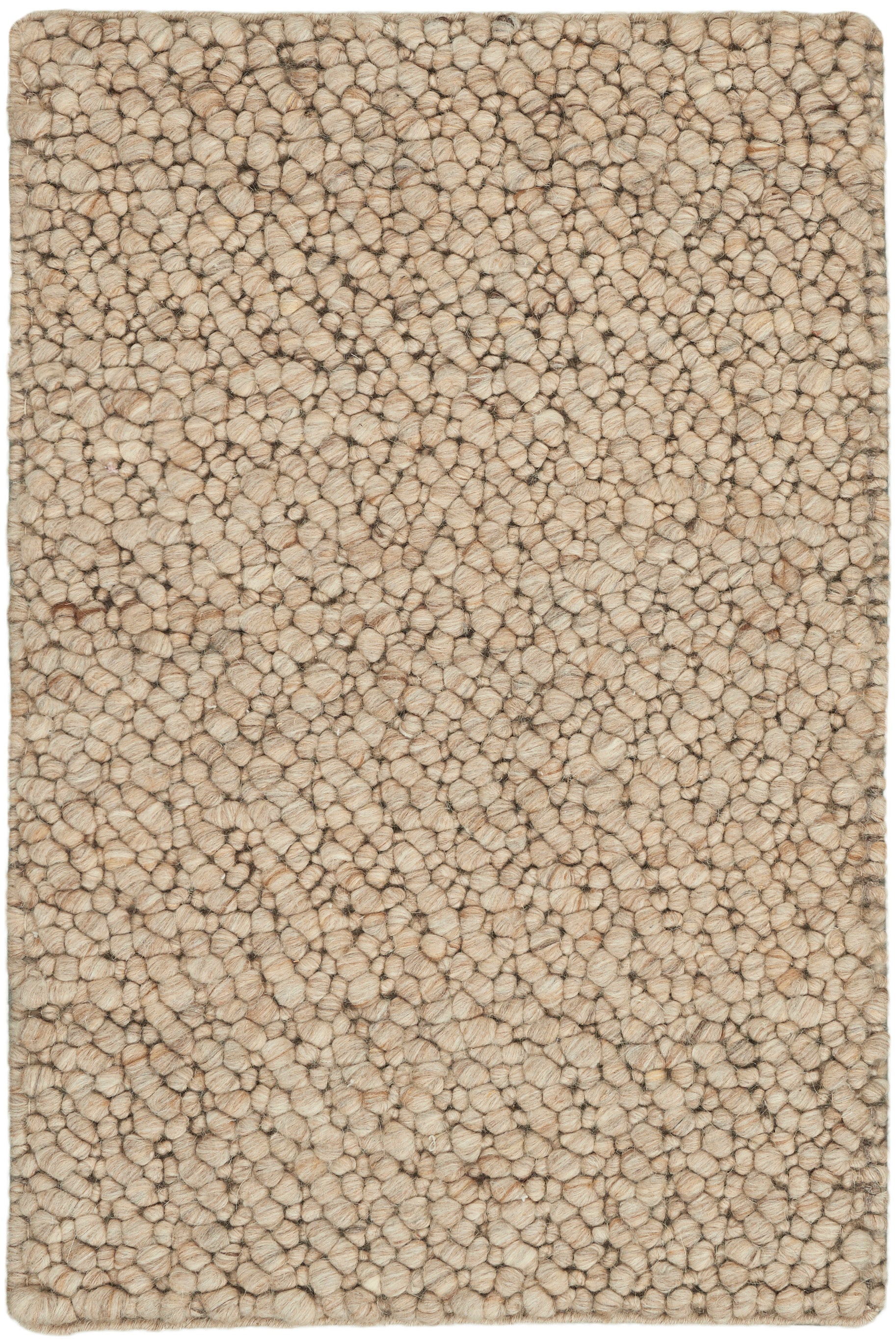 Beige boucle shag rug with dense rounded loops; soft, plush rectangular rug for living rooms.