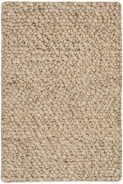 Beige boucle shag rug with dense rounded loops; soft, plush rectangular rug for living rooms.