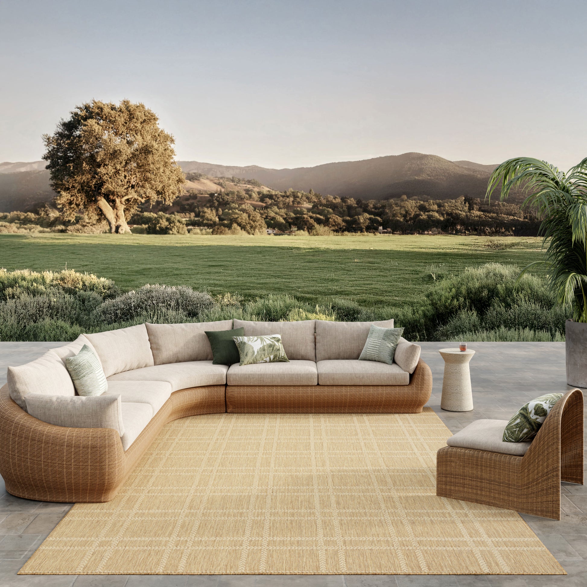 Outdoor woven rug in a backyard setting with a countryside view.