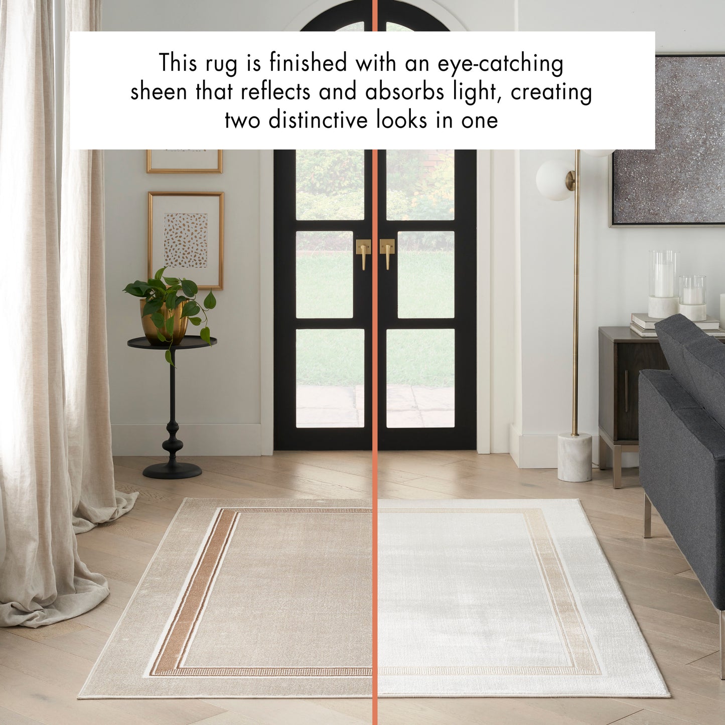 Rectangular beige area rug with a double border, showing contrast between a richer, sheen side and a lighter, matte side.