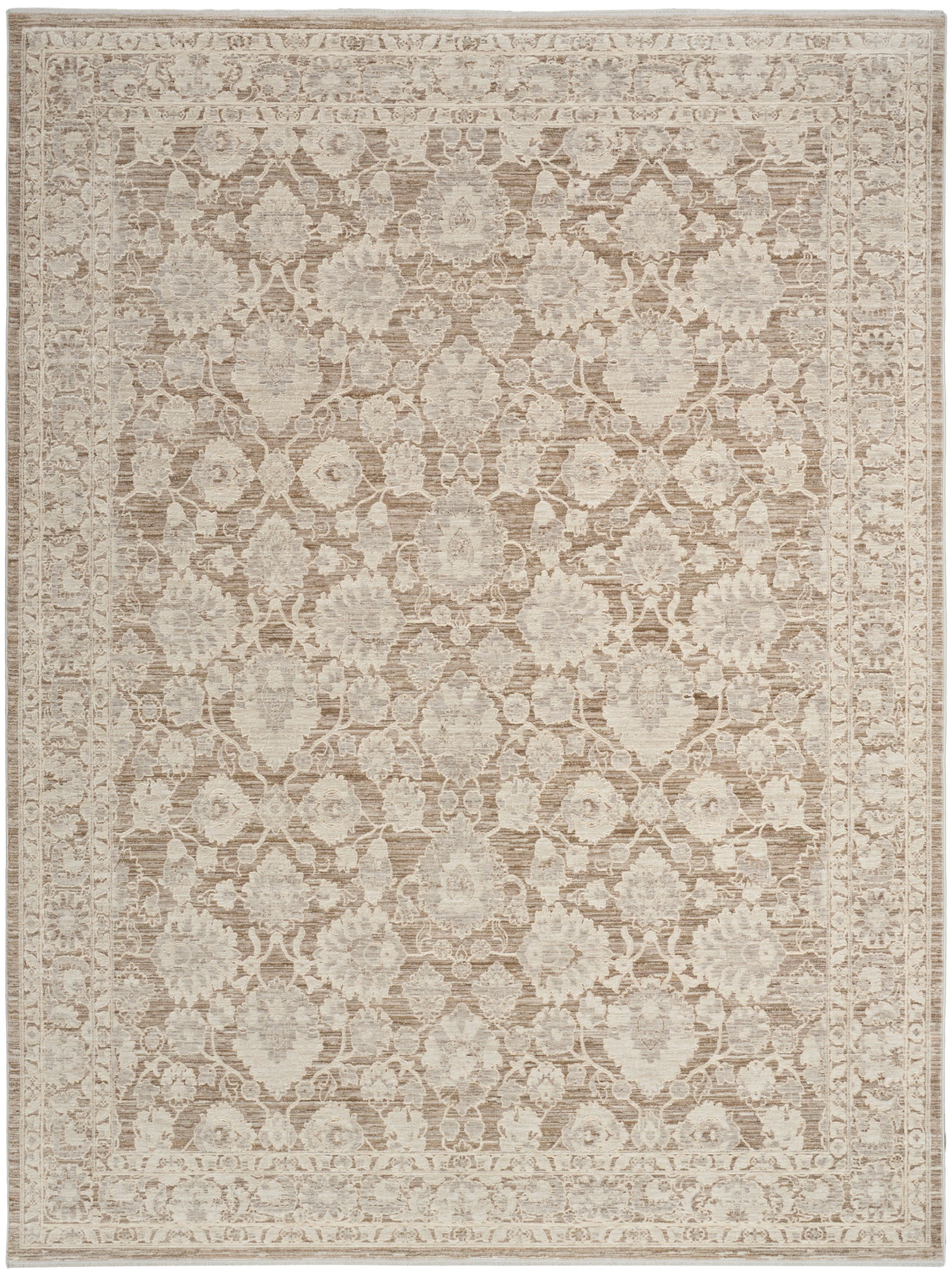Beige traditional area rug with ivory floral damask pattern and ornate border.
