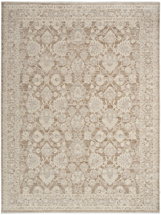 Beige traditional area rug with ivory floral damask pattern and ornate border.