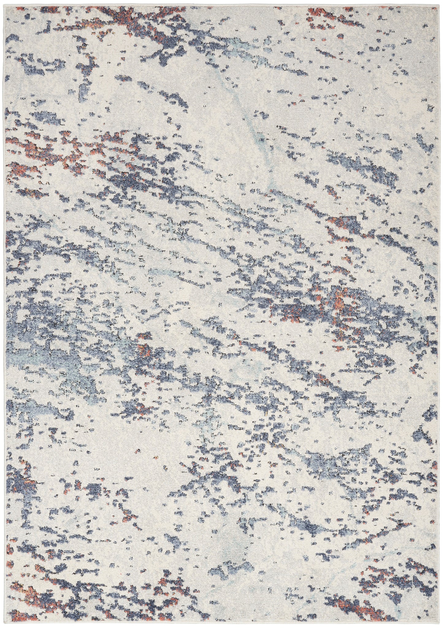 Cream ivory abstract rug with blue-gray and rust speckled pattern.
