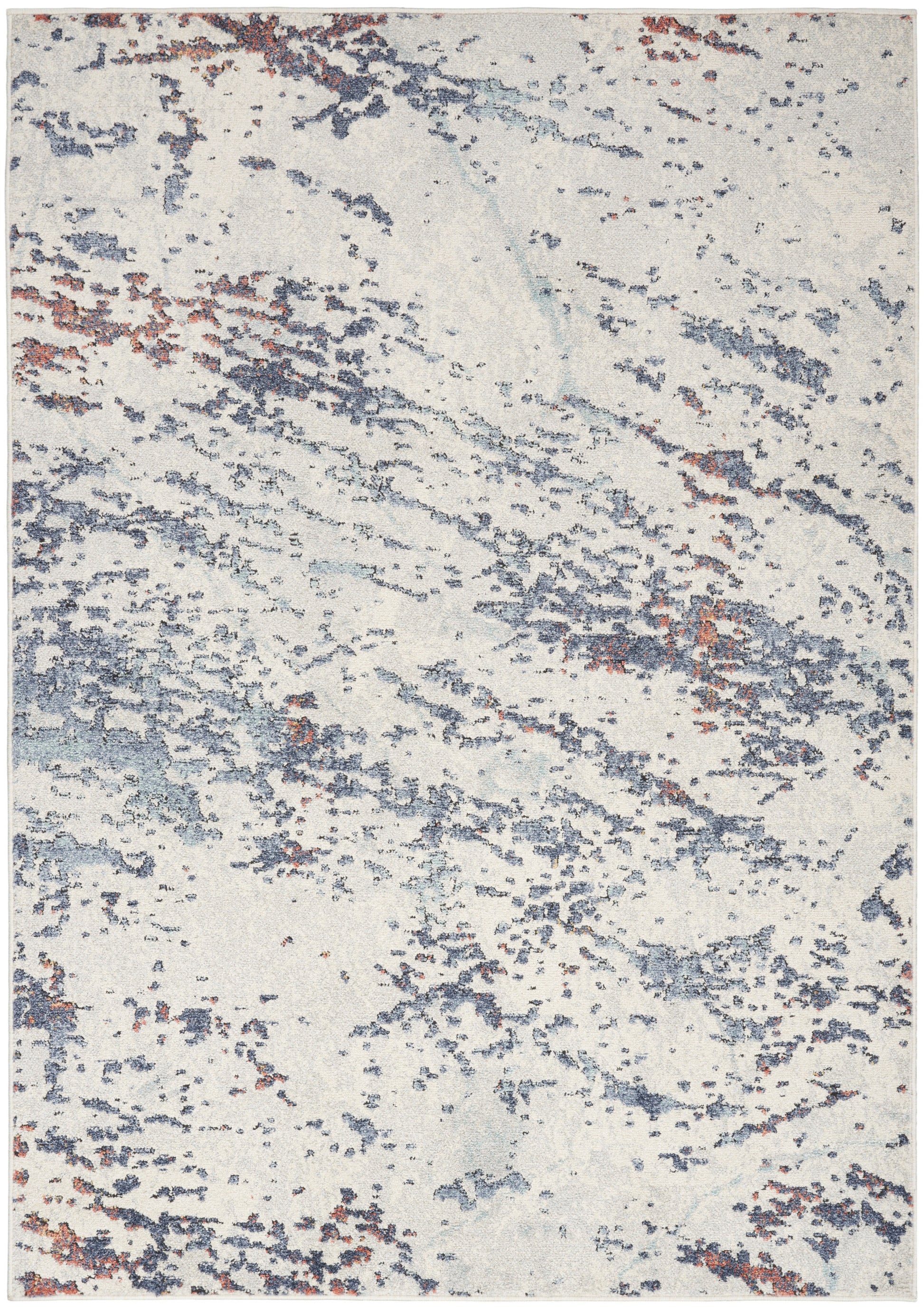 Cream ivory abstract rug with blue-gray and rust speckled pattern.