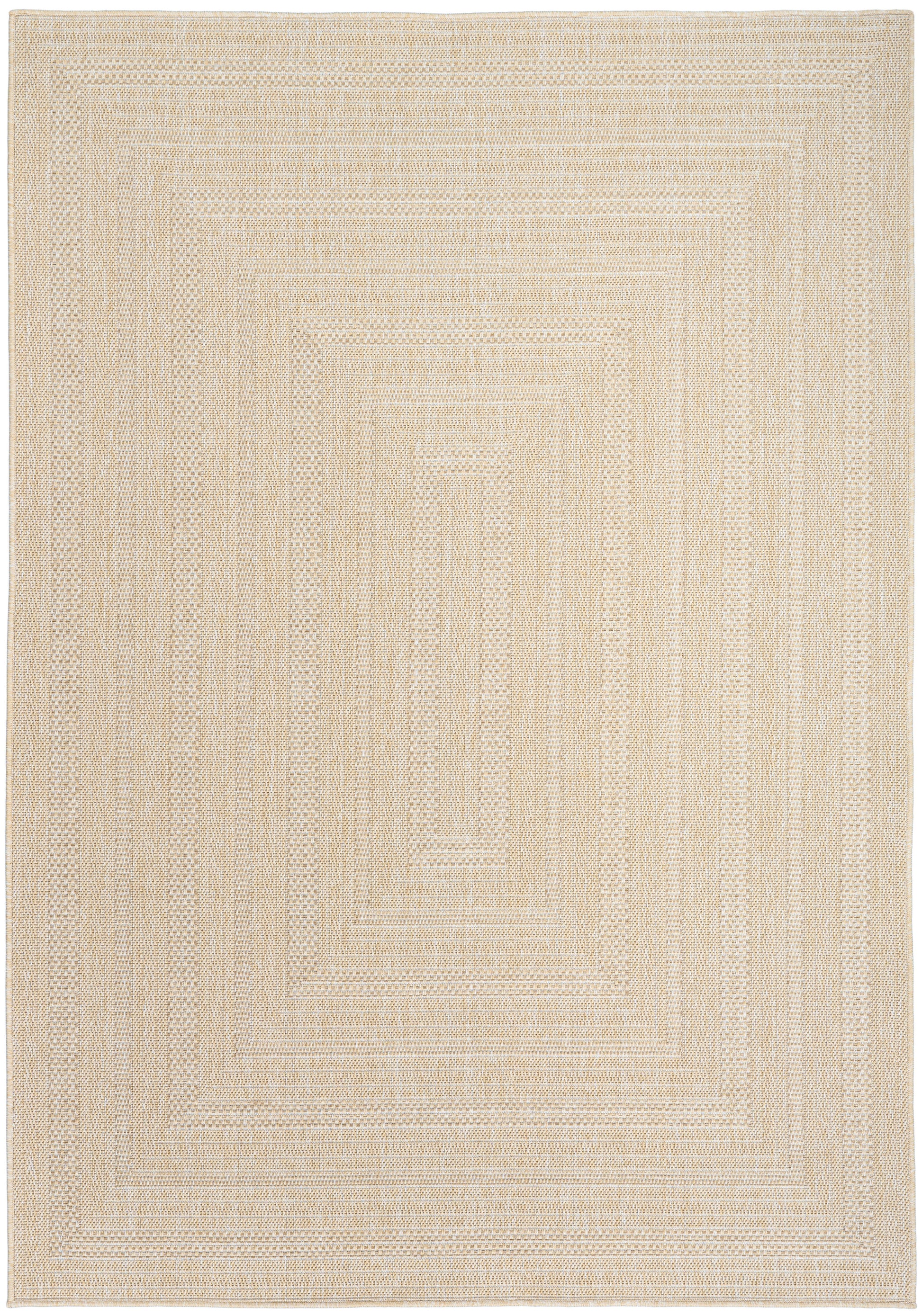 Beige rectangular woven rug with concentric square pattern and natural fiber texture.