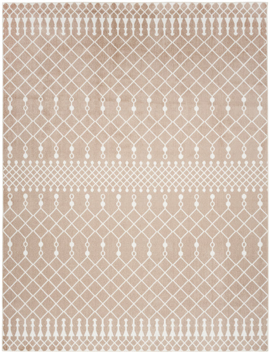 Beige flat-weave rug with white geometric lattice & dot motifs; kilim-inspired, perfect for living room or hallway.