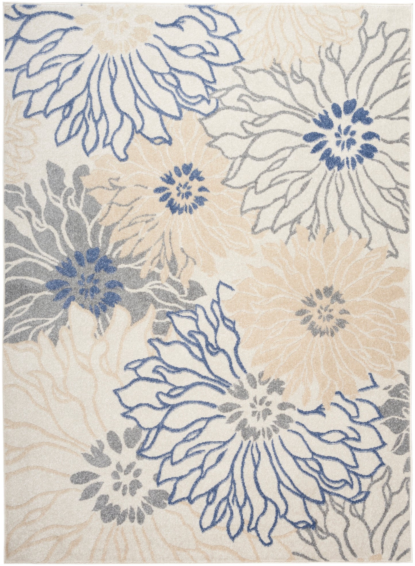 Abstract floral area rug with large cream and beige blooms outlined in navy blue and gray on a light background.