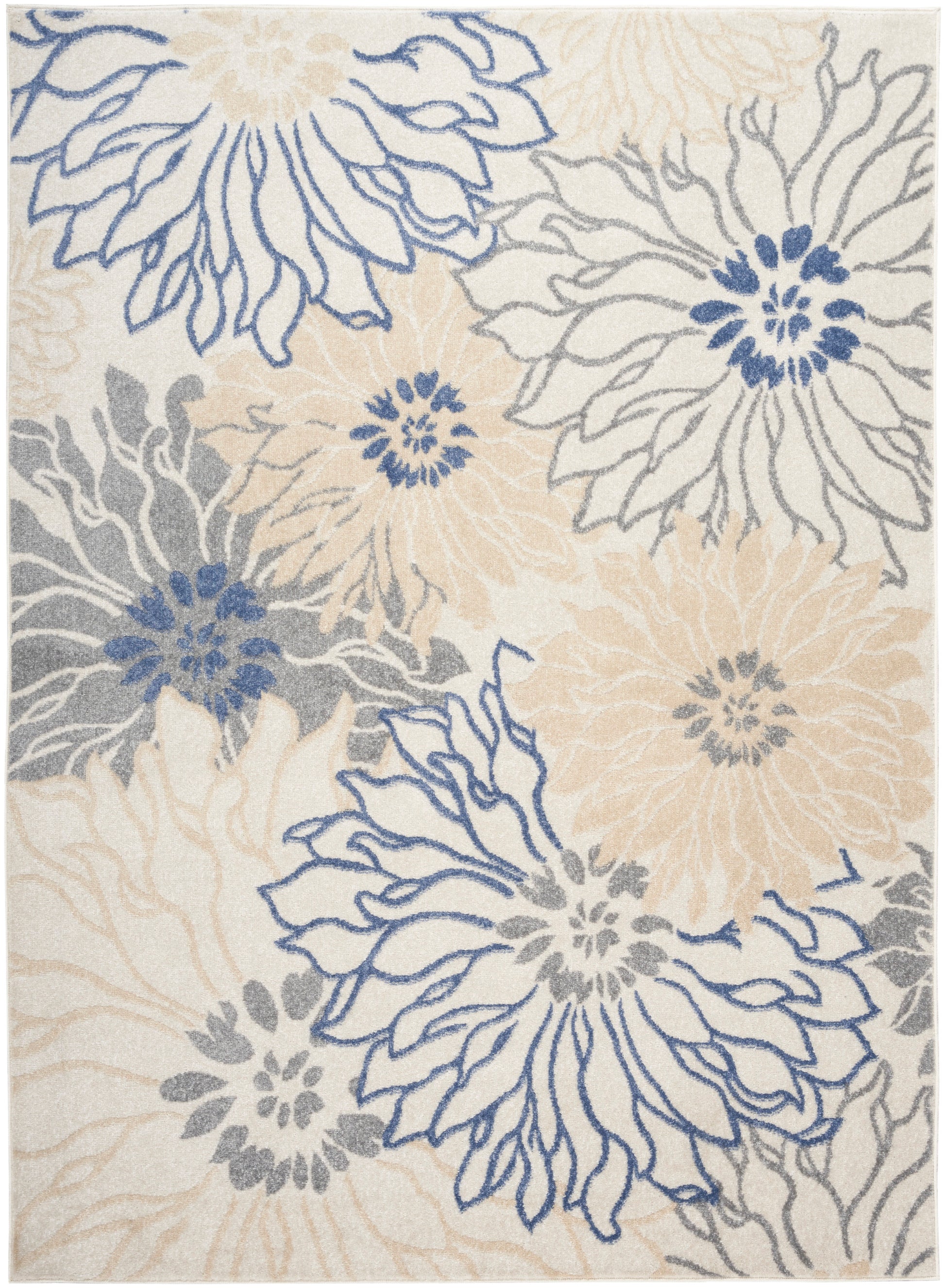 Abstract floral area rug with large cream and beige blooms outlined in navy blue and gray on a light background.