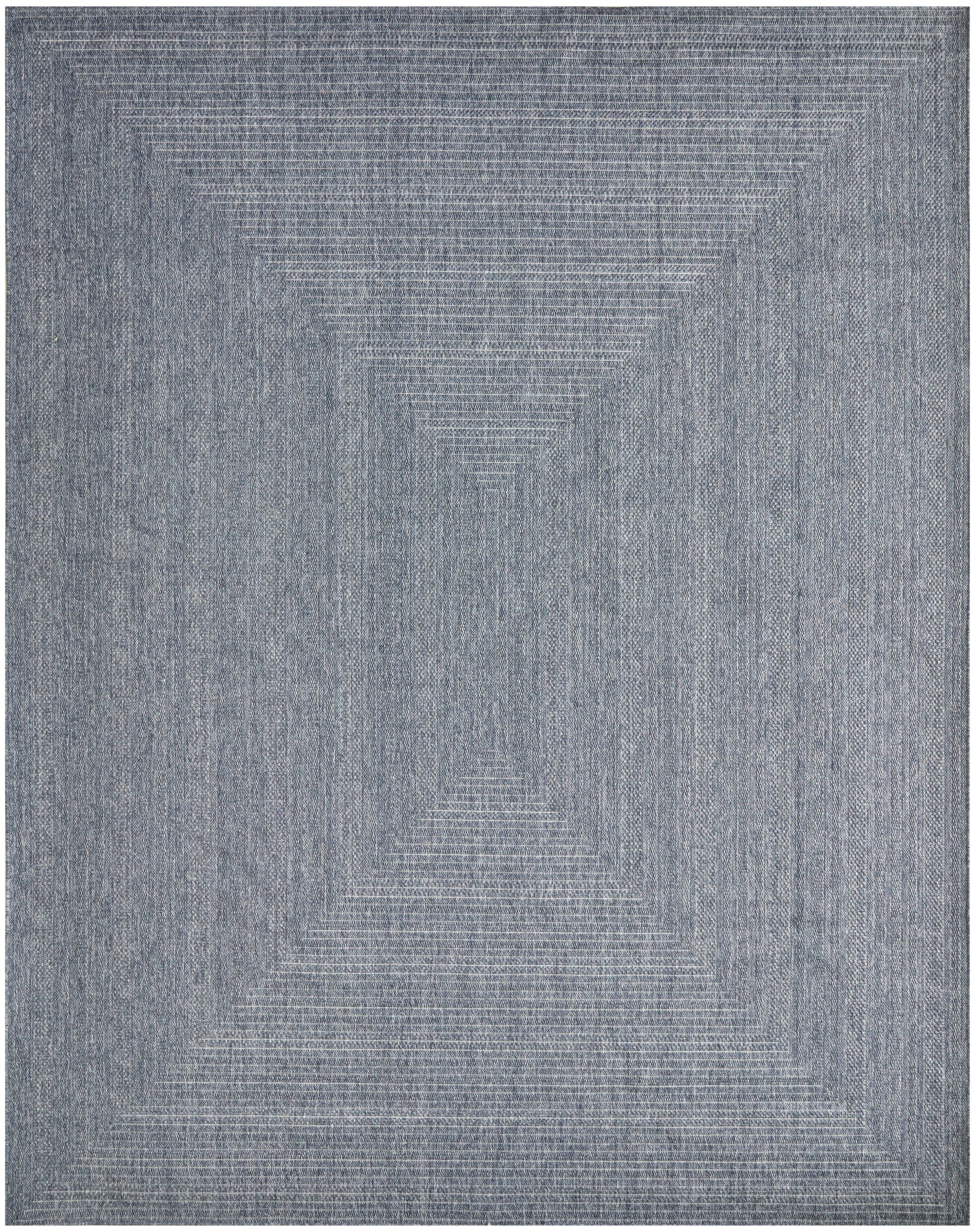 Blue-gray rectangular rug with subtle woven geometric concentric square/diamond pattern and textured stripes.