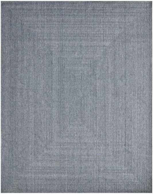 Blue-gray rectangular rug with subtle woven geometric concentric square/diamond pattern and textured stripes.