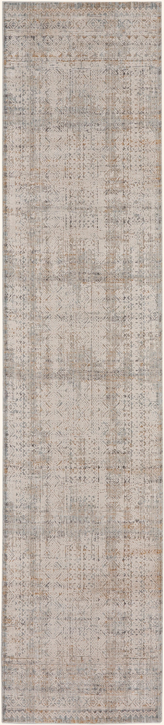 Distressed neutral geometric runner rug in beige, gray, and taupe with faded medallion motifs and border.