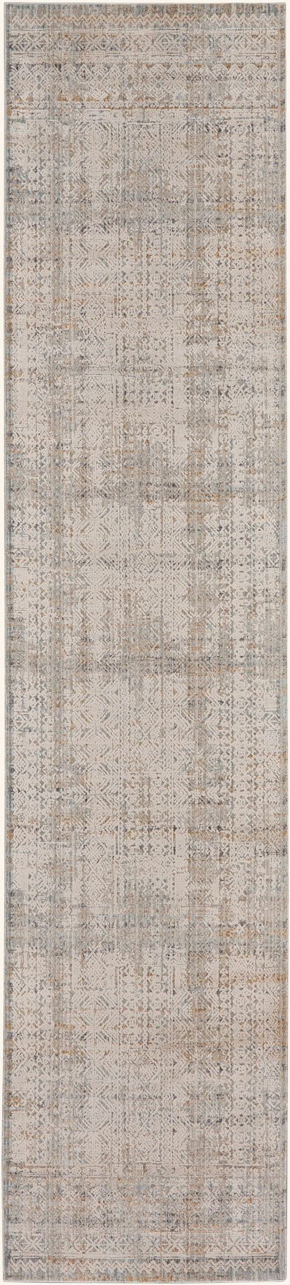 Distressed neutral geometric runner rug in beige, gray, and taupe with faded medallion motifs and border.
