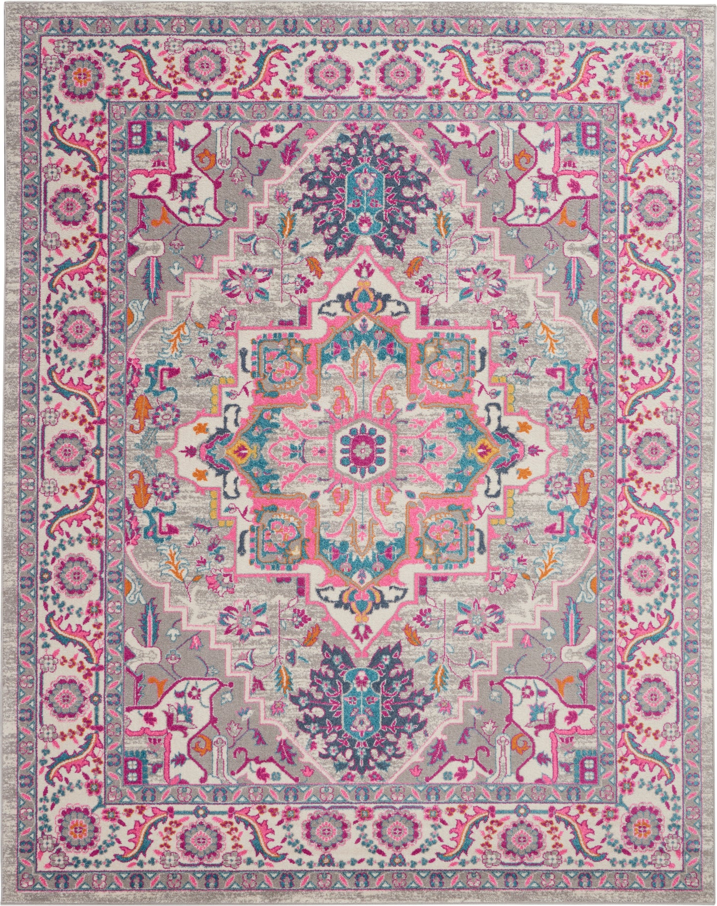 Rectangular oriental rug with a central floral medallion, pink, teal and purple hues on ivory-grey field, ornate border.