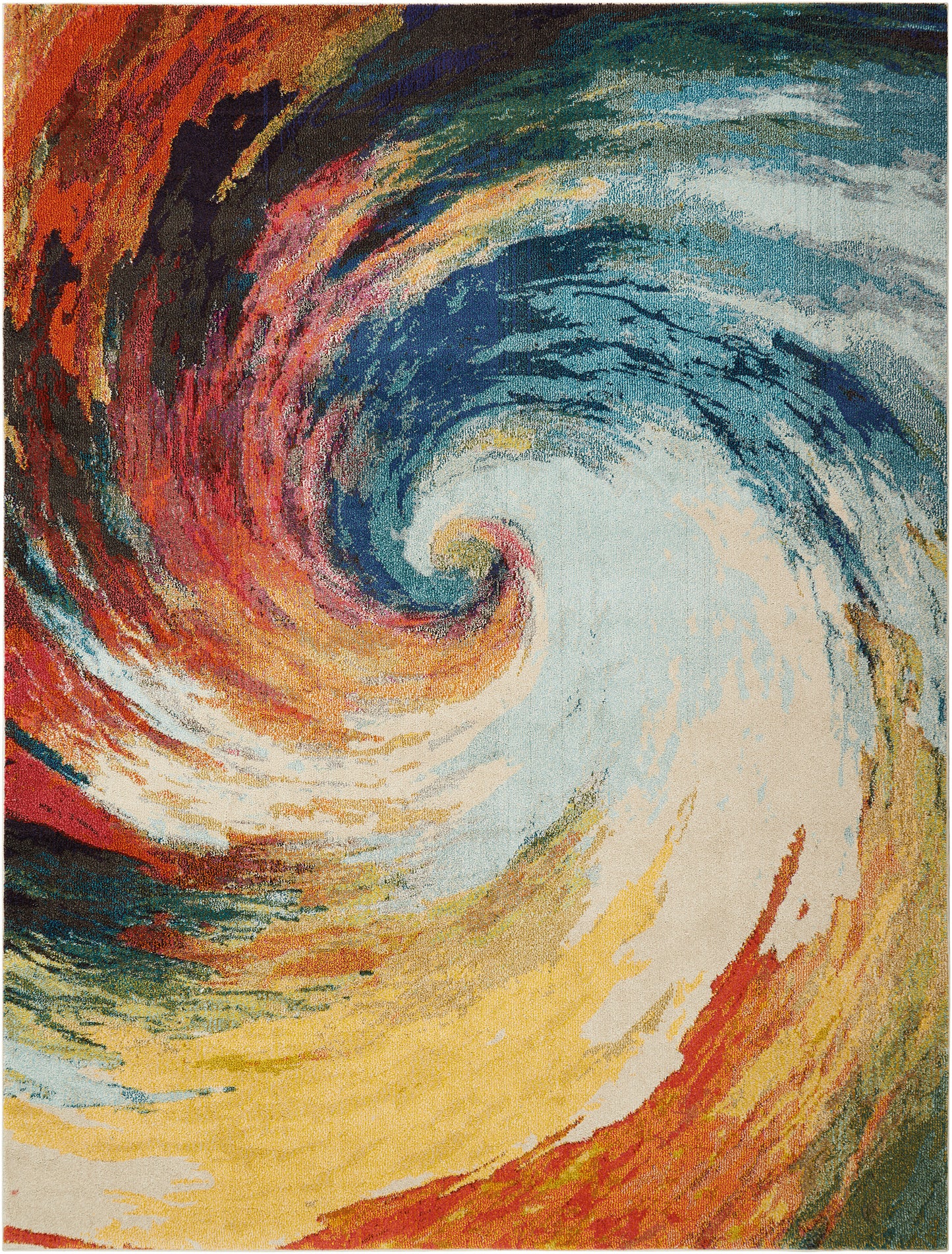 Abstract swirl rug with bright reds, yellows and blues in a circular pattern; modern area rug, 8' x 11'.
